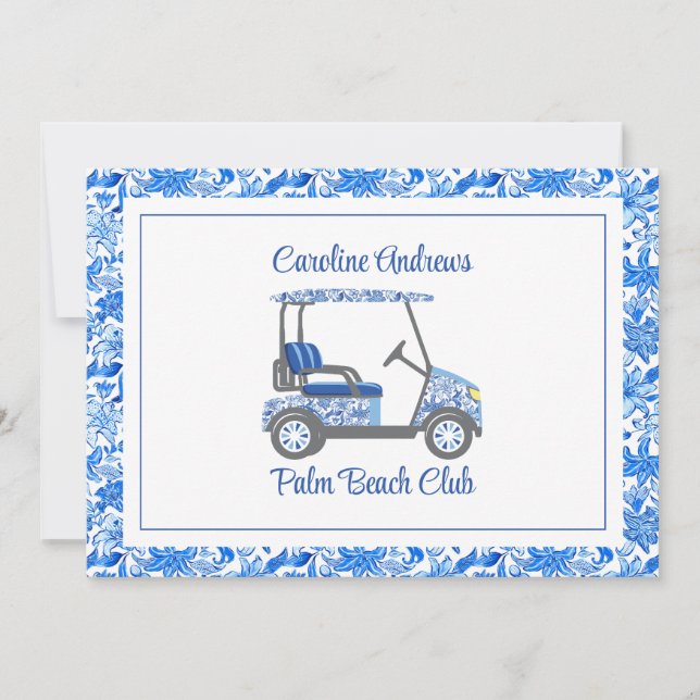 Tarjeta De Agradecimiento Preppy Blue Flowers Palm Beach Golf Cart (Anverso)