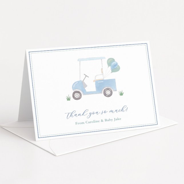 Tarjeta De Agradecimiento Preppy Blue Golf Carro Baby Boy Shower (Golf theme baby boy shower thank you card with pale blue golf cart and balloons)