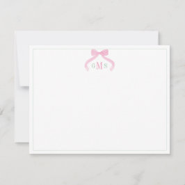 Tarjeta De Agradecimiento Preppy Bow Pink And Green Three Letter Monogram