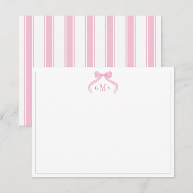 Tarjeta De Agradecimiento Preppy Bow Pink And Green Three Letter Monogram (Anverso / Reverso)