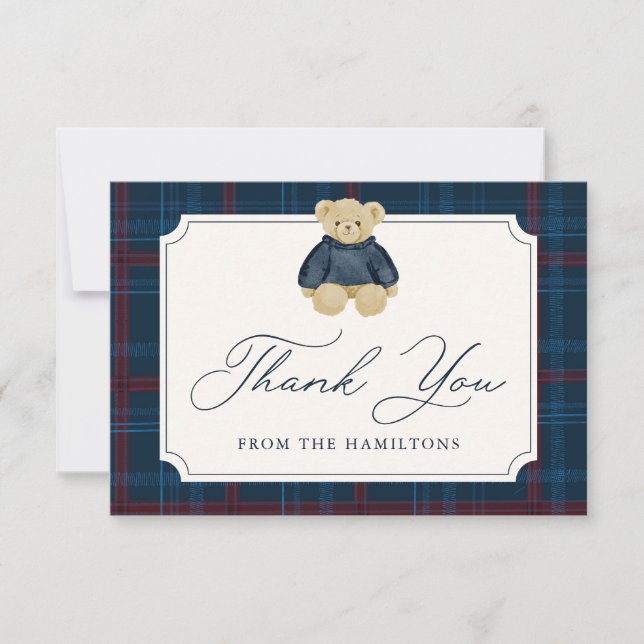 Tarjeta De Agradecimiento Preppy Navy Plaid Teddy Bear Baby Shower (Anverso)