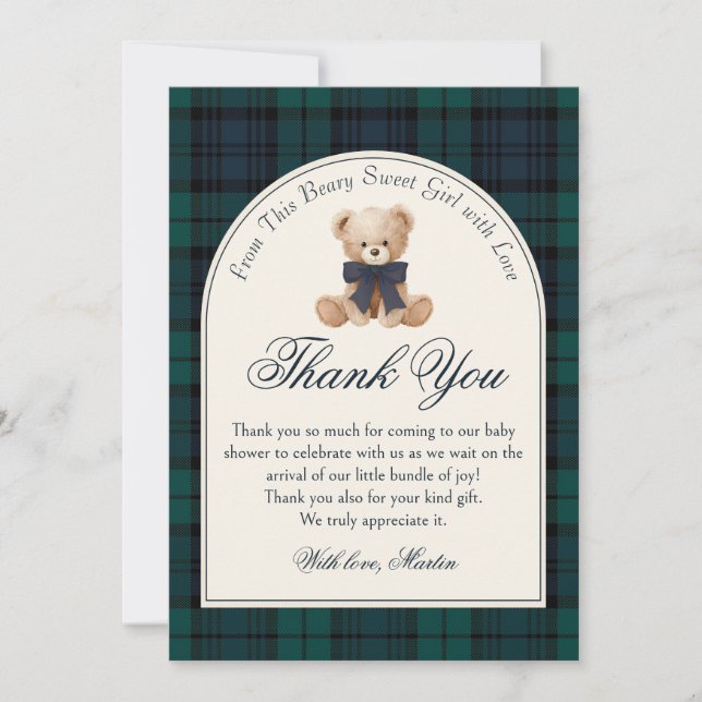 Tarjeta De Agradecimiento Preppy Plaid Teddy Bear Birthday Thank You Card (Anverso)
