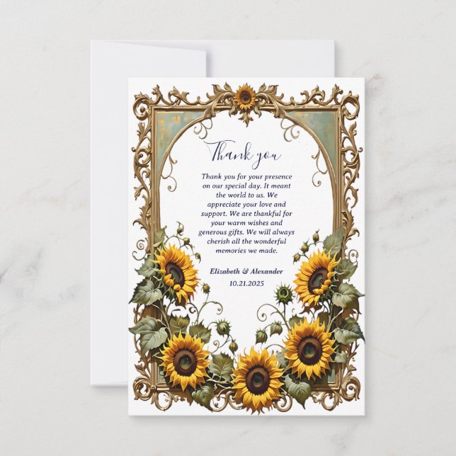 Tarjeta De Agradecimiento Pretty Yellow sunflower with art frame wedding  (Anverso)