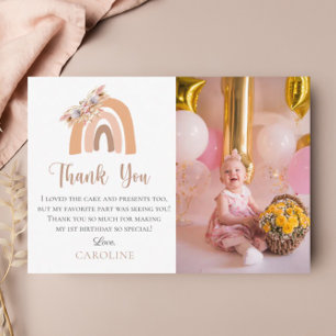 Tarjeta De Agradecimiento Primer Cumpleaños Boho Floral Arcoíris Pastel