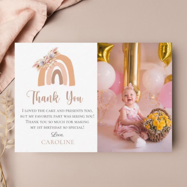 Tarjeta De Agradecimiento Primer Cumpleaños Boho Floral Arcoíris Pastel (Subido por el creador)