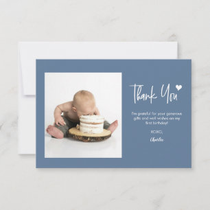 Tarjeta De Agradecimiento Primer cumpleaños con foto personalizada azul mode