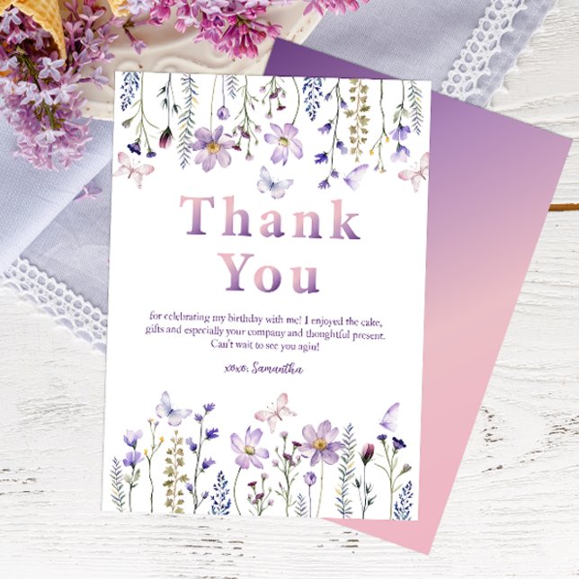 Tarjeta De Agradecimiento Primer cumpleaños de Chica Purple Wildflower graci (Wildflower Thank You Card)