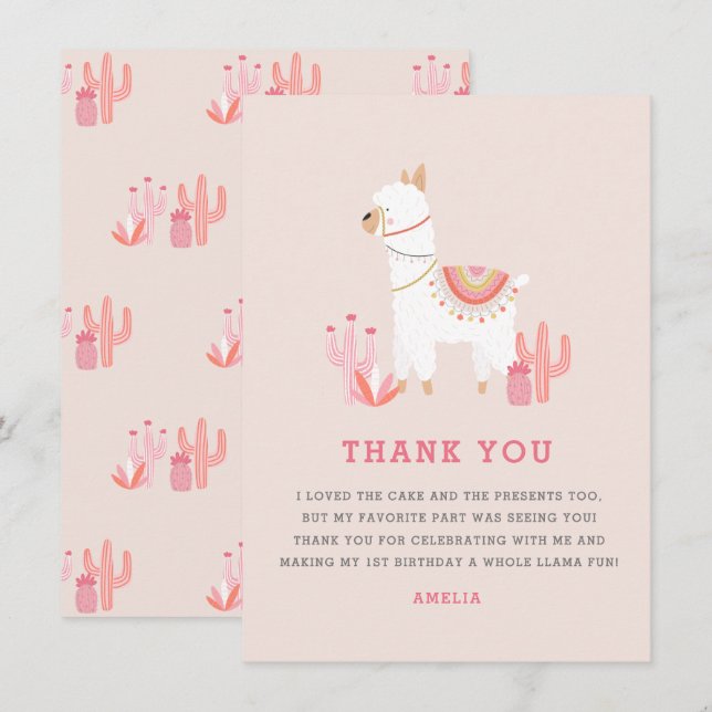 Tarjeta De Agradecimiento Primer cumpleaños de Cute Full Llama Fun Pink (Anverso / Reverso)