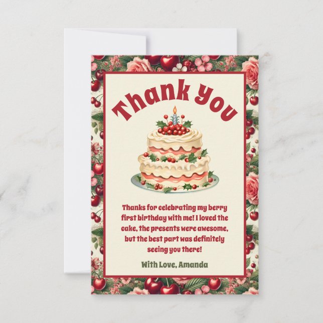 Tarjeta De Agradecimiento Primer cumpleaños de la cereza de cosecha de vinta (Anverso)