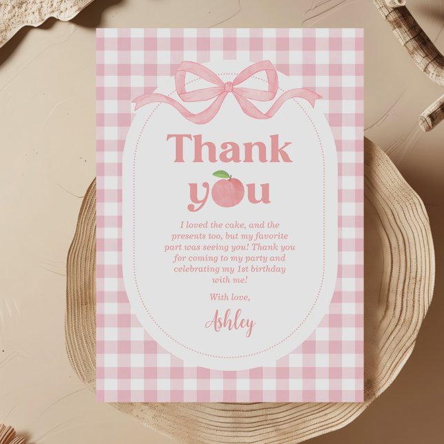 Tarjeta De Agradecimiento Primer cumpleaños de Pink Gingham Peach (Subido por el creador)