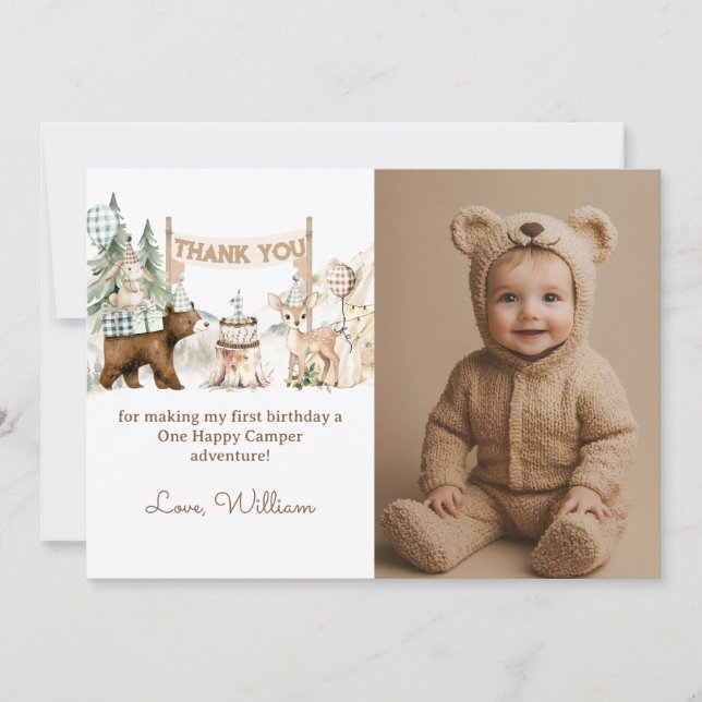 Tarjeta De Agradecimiento Primer cumpleaños de una foto feliz de camper (Anverso)