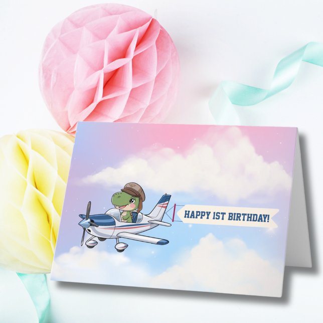 Tarjeta De Agradecimiento Primer cumpleaños del avión blanco azul y dinosaur (Subido por el creador)