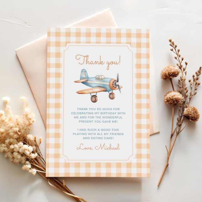 Tarjeta De Agradecimiento Primer cumpleaños del avión de Gingham Time Flies (Subido por el creador)