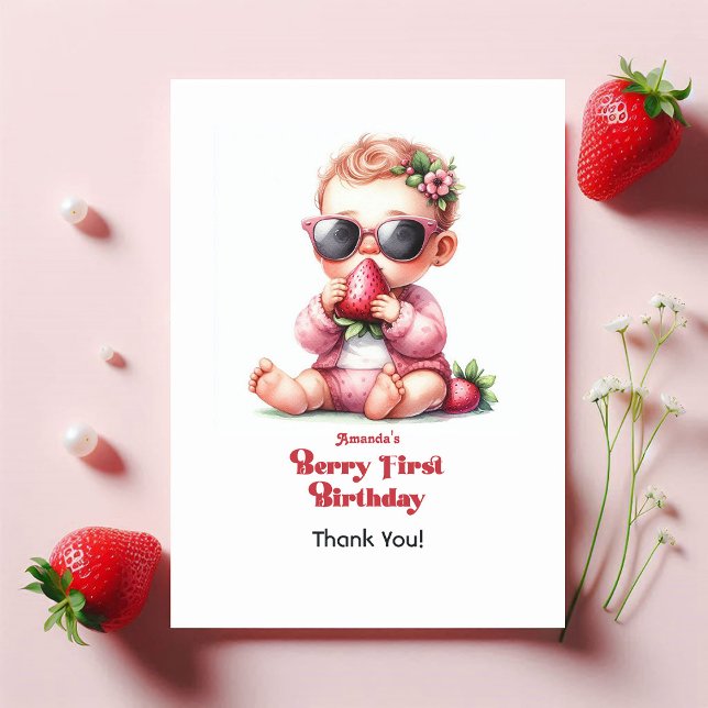 Tarjeta De Agradecimiento Primer cumpleaños del Chica de fresa Berry (Strawberry Girl Berry First Birthday Thank You Card)