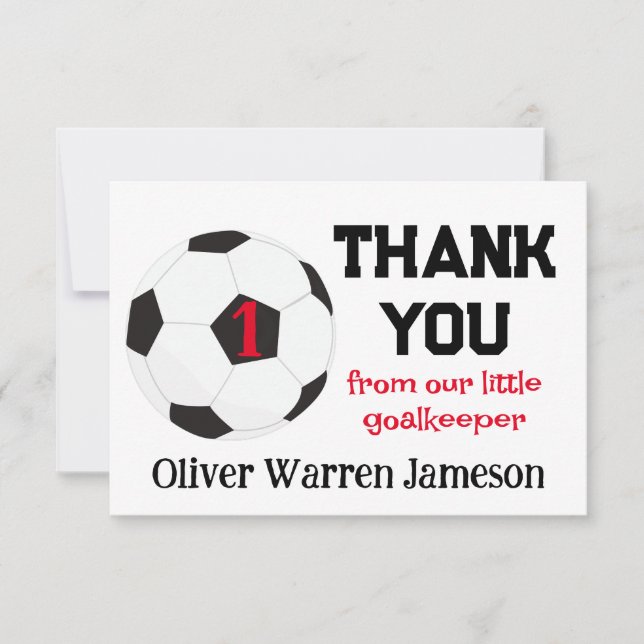 Tarjeta De Agradecimiento Primer cumpleaños del niño pequeño portero de fútb (Anverso)