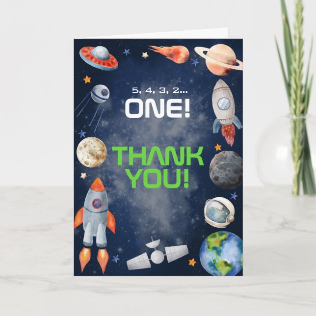 Tarjeta De Agradecimiento Primer Cumpleaños en el Espacio Exterior (Anverso)