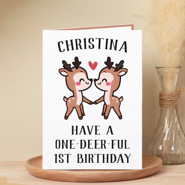 Tarjeta De Agradecimiento Primer cumpleaños lindo divertido ciervo maravillo (cute deer first birthday card)