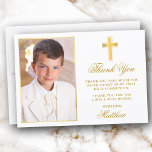 Tarjeta De Agradecimiento Primer marco de oro de la foto de la comunión<br><div class="desc">Elegante First Holy Communion Gracias Tarjeta con Cruz de Oro. Frente de la foto. Marco dorado.</div>