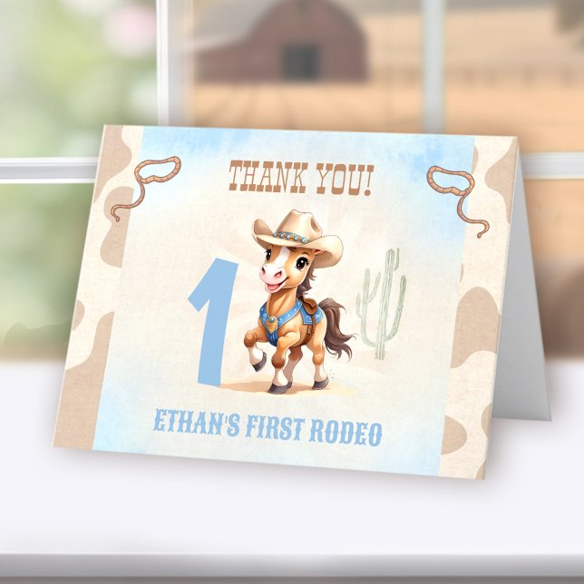 Tarjeta De Agradecimiento Primer Rodeo Oeste Cowboy Caballo Nacido Niño (First Rodeo Western Cowboy Horse Birthday Boy Thank You Card)