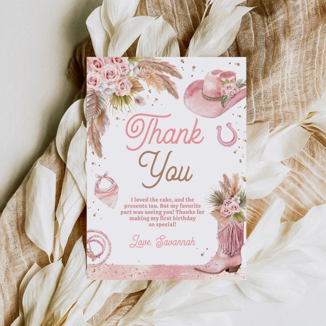 Tarjeta De Agradecimiento Primer Rodeo Rosa Boho Primer Cumpleaños (Boho Pink First Rodeo 1st Birthday Thank You Card)