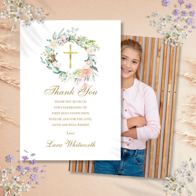 Tarjeta De Agradecimiento Primer Rosa de la Comunión Fotográfica Floral Gold (First Holy Communion Photo Roses Floral Gold Thank You Card)