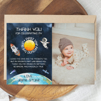 Tarjeta De Agradecimiento Primer viaje alrededor del Sol Cumpleaños 1 Tema E
