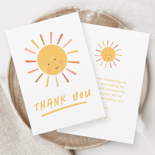 Tarjeta De Agradecimiento Primer viaje alrededor del Sol Cumpleaños infantil (Hand-drawn modern sun illustration kids birthday party thank you note card.)
