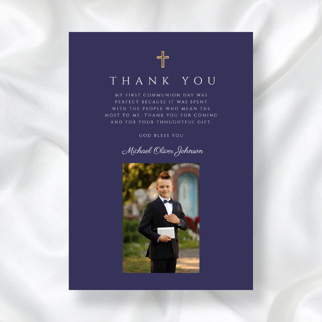 Tarjeta De Agradecimiento Primera comunicación de foto de Navy Blue Cross Bo (Navy Blue Cross Boy Photo First Communion Thank You Card)