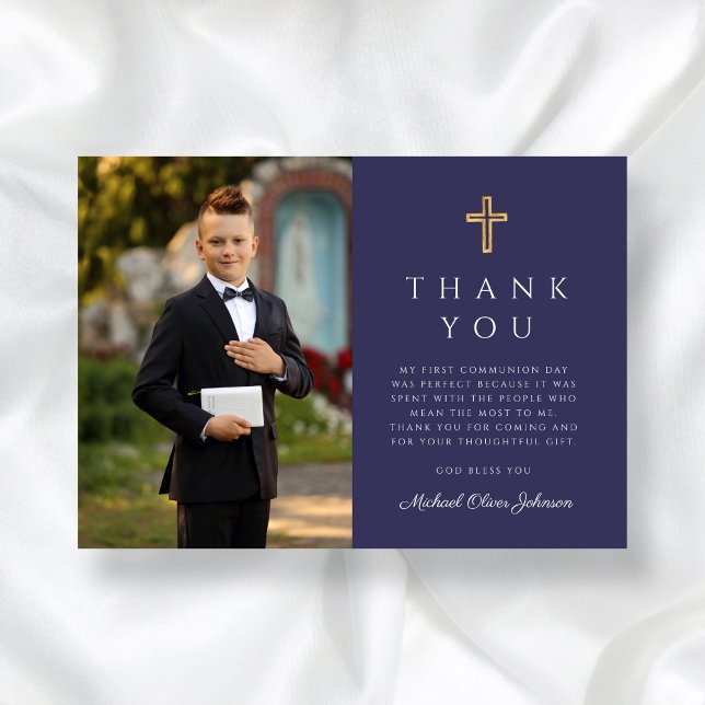 Tarjeta De Agradecimiento Primera comunicación de foto de Navy Blue Cross Bo (Navy Blue Cross Boy Photo First Communion Thank You Card)