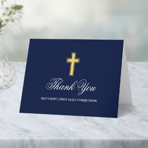 Tarjeta De Agradecimiento Primera comunión azul y oro doblada