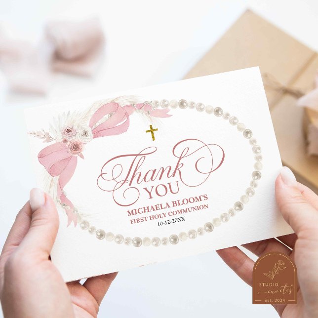 Tarjeta De Agradecimiento Primera Comunión Boho Rosa Perla (Subido por el creador)
