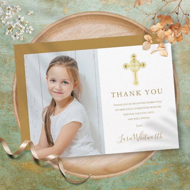 Tarjeta De Agradecimiento Primera Comunión Cruz Dorada Firma Foto  (First Holy Communion Gold Cross Signature Photo Thank You Card)