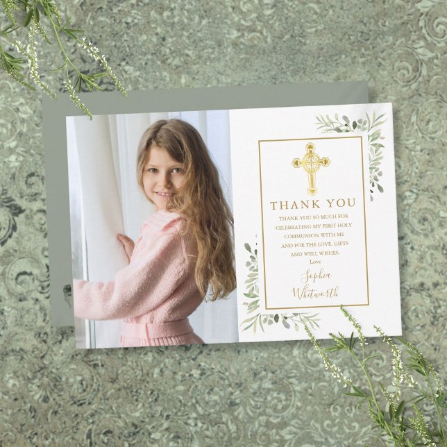Tarjeta De Agradecimiento Primera Comunión Cruz Dorada Verde Foto (First Holy Communion Gold Cross Greenery Photo Thank You Card)