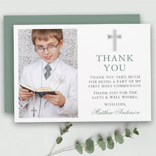 Tarjeta De Agradecimiento Primera Comunión Cruz Verde Salvia Foto