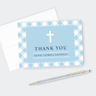 Tarjeta De Agradecimiento Primera comunión de Blue and Navy Gingham Plaid Bo