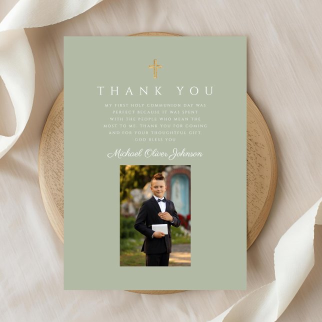 Tarjeta De Agradecimiento Primera Comunión de Elegant Cross Boy (Elegant Cross Boy First Communion Thank You Card)