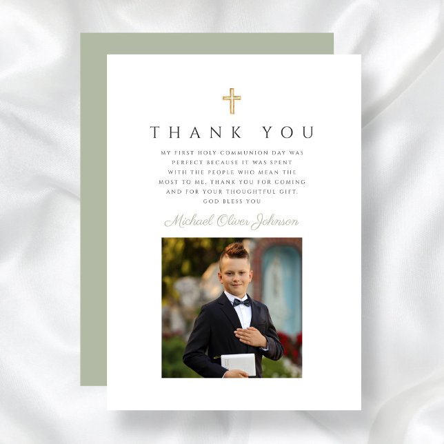 Tarjeta De Agradecimiento Primera Comunión de Elegant Cross Boy (Elegant Cross Boy First Communion Thank You Card)