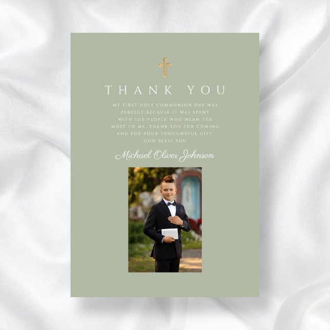 Tarjeta De Agradecimiento Primera Comunión de Elegant Cross Boy (Elegant Cross Boy First Communion Thank You Card)