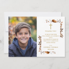 Tarjeta De Agradecimiento Primera Comunión de Foto Floral de Otoño Rústico