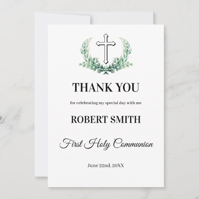 Tarjeta De Agradecimiento Primera comunión de hoja verde (Anverso)