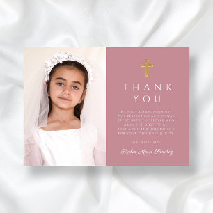 Tarjeta De Agradecimiento Primera Comunión de Niña Cruz de Rosa Polvorienta