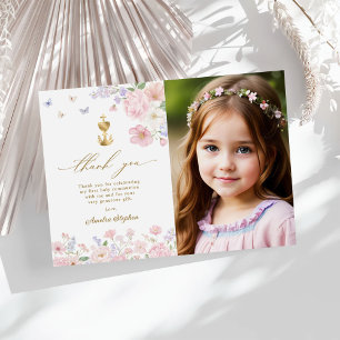 Tarjeta De Agradecimiento Primera Comunión de Niña Floral Pastel