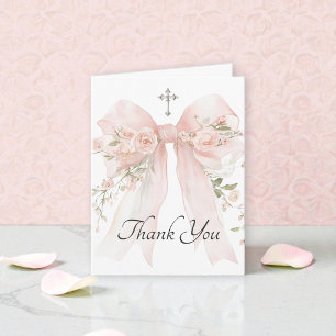 Tarjeta De Agradecimiento Primera Comunión de Niña Lazo Floral Rosa