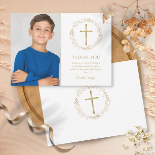 Tarjeta De Agradecimiento Primera Comunión Dorada Guirnalda Floral Foto