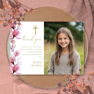 Tarjeta De Agradecimiento Primera Comunión Elegante Floral Rosa Foto