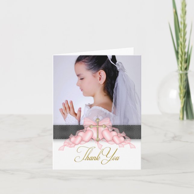 Tarjeta De Agradecimiento Primera Comunión entre fotos rosadas Gracias Carta (Anverso)