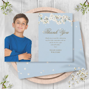 Tarjeta De Agradecimiento Primera Comunión Flor Blanca Foto Azul