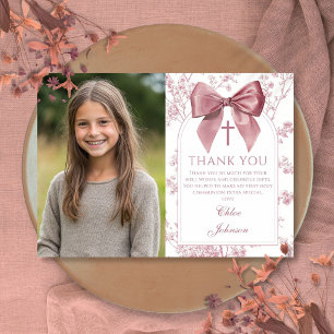 Tarjeta De Agradecimiento Primera Comunión Flor de Niña con Lazo Rosa Vintag