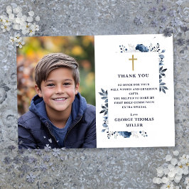 Tarjeta De Agradecimiento Primera Comunión Floral Azul Marino Foto