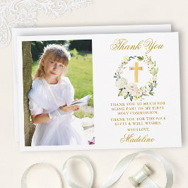 Tarjeta De Agradecimiento Primera Comunión Floral Blanca Acuarela en Dorado